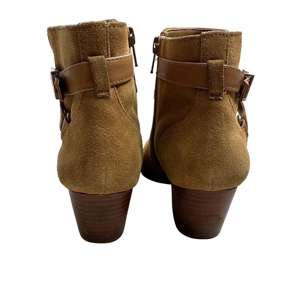 Alex Marie Womens Tan Suede Ankle Boots Buckle Strap Pointed Toe Block Heel 8.5M